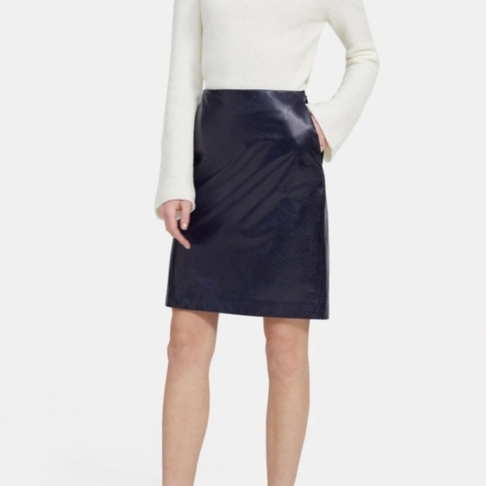 Theory Blue Lamb Leather Clean Pencil Skirt